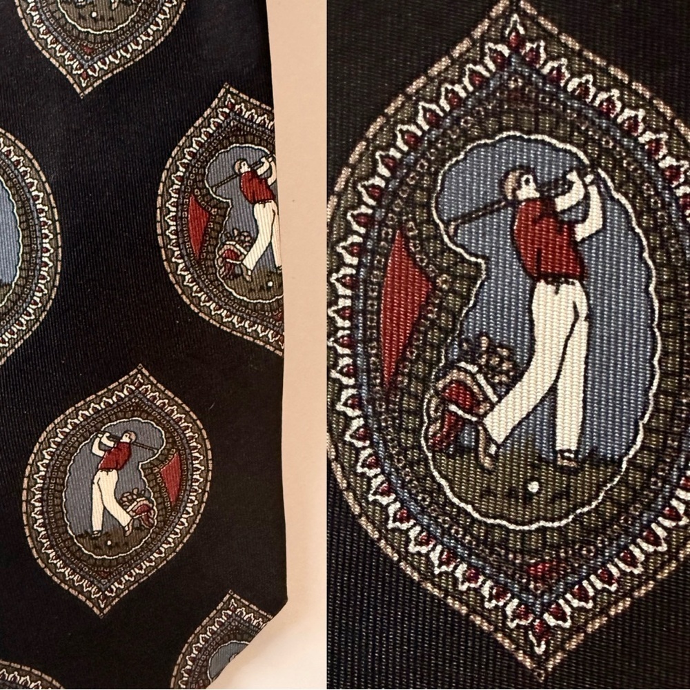 Vintage golfer necktie. Navy, red blue- 70s